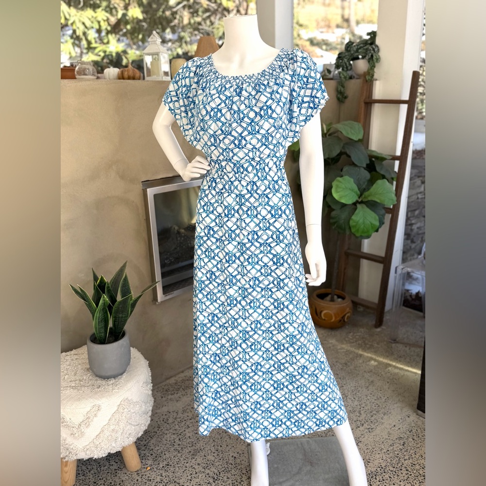Chico's Smocked Maxi Dress Blue White Small